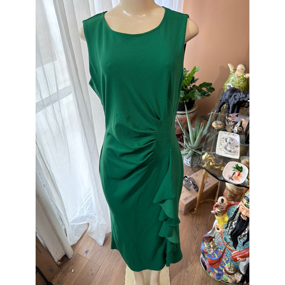 Alexa B Kelly Green Ruched Ruffle Sheath Dress Sleeveless Petite 12P 562618‎
